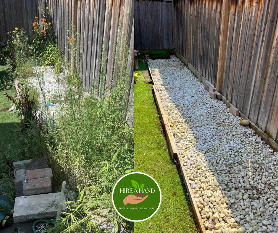 Overgrown side yard converted to a clean gravel bed