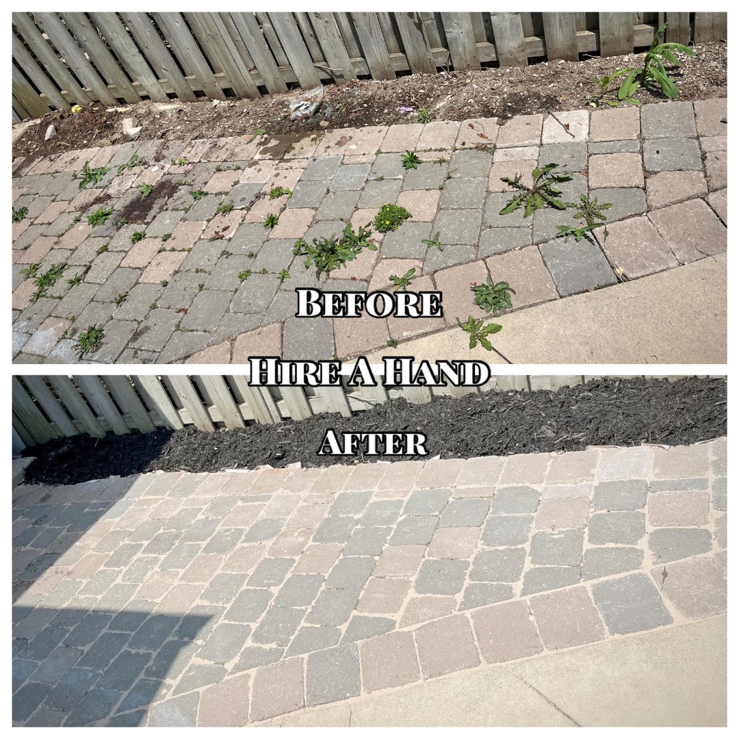 Paver patio weeded and refreshed with mulch border